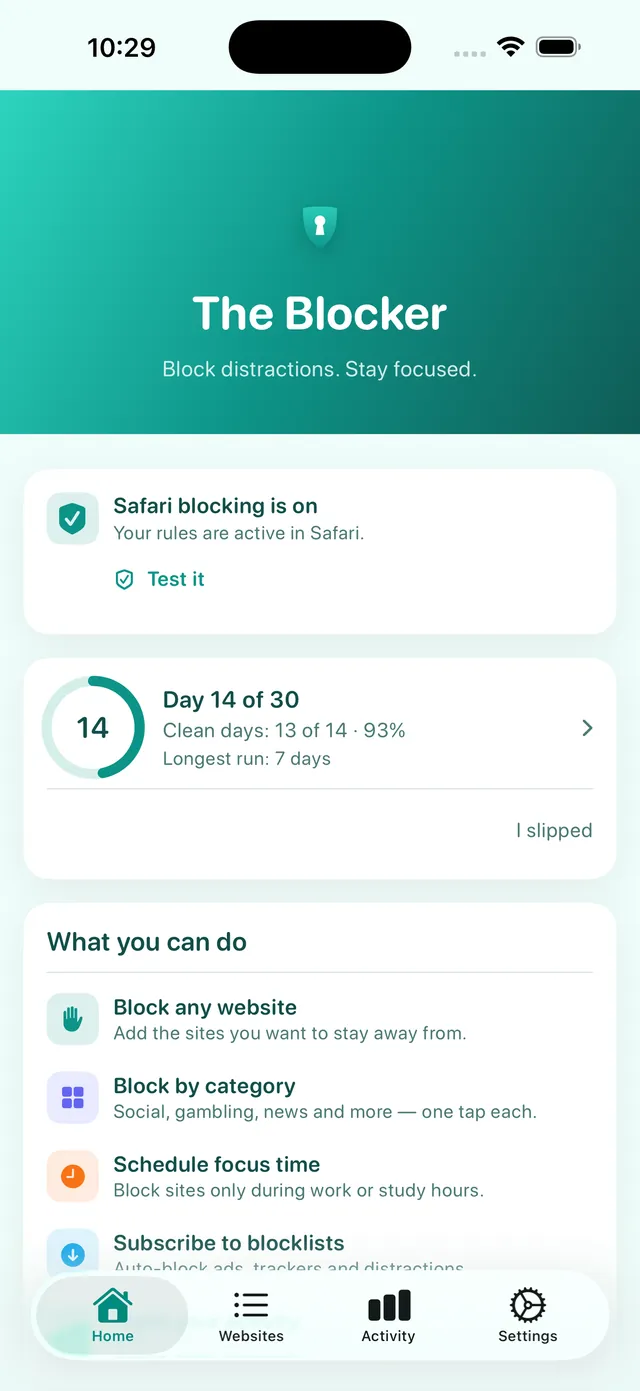 The Blocker home screen showing Safari blocking is on and the Test it button