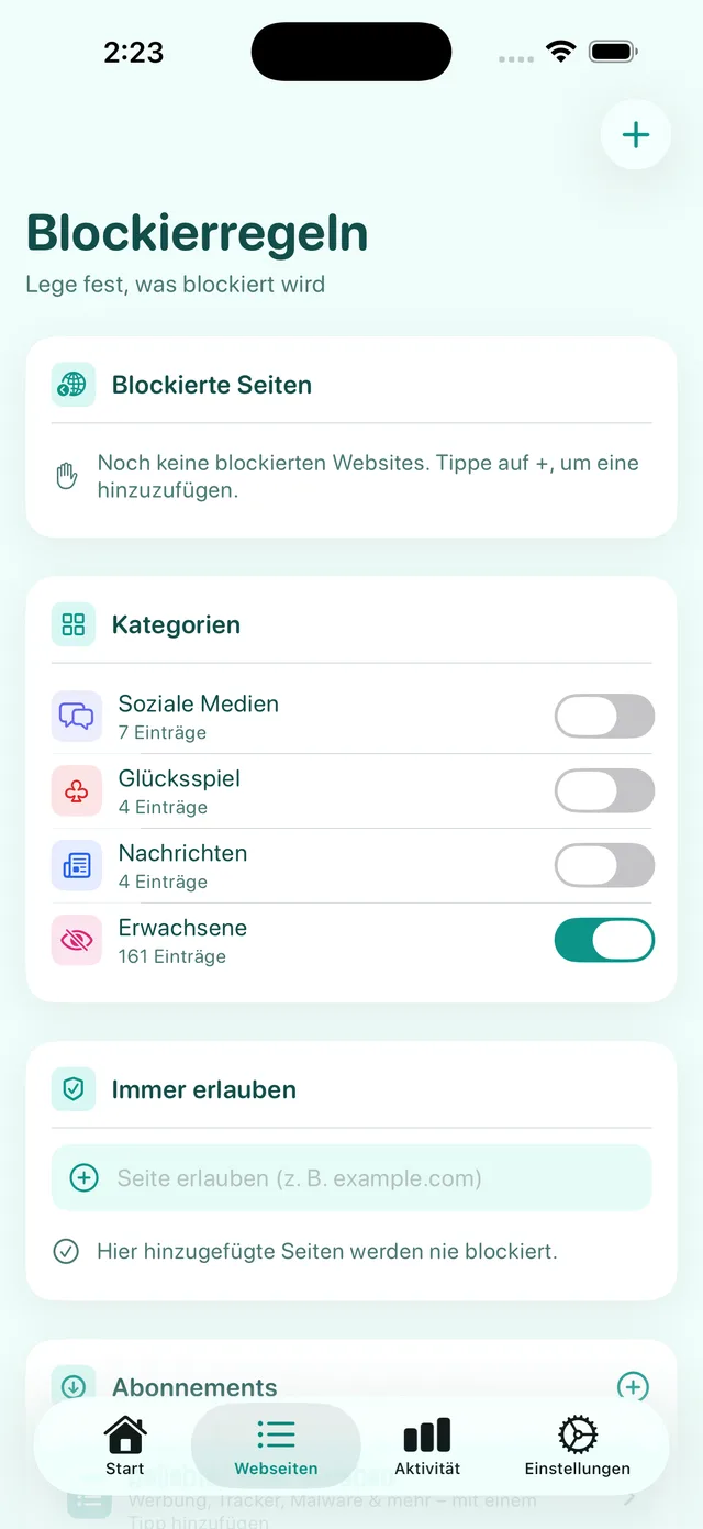 Bildschirm „Blockierregeln“: die Kategorien, „Erwachsene“ eingeschaltet, und die Liste „Immer erlauben“