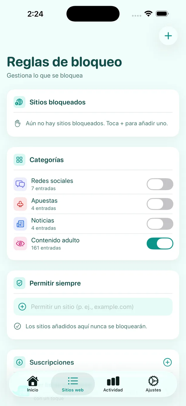 Pantalla Reglas de bloqueo: las categorías, con Contenido adulto activada, y la lista Permitir siempre