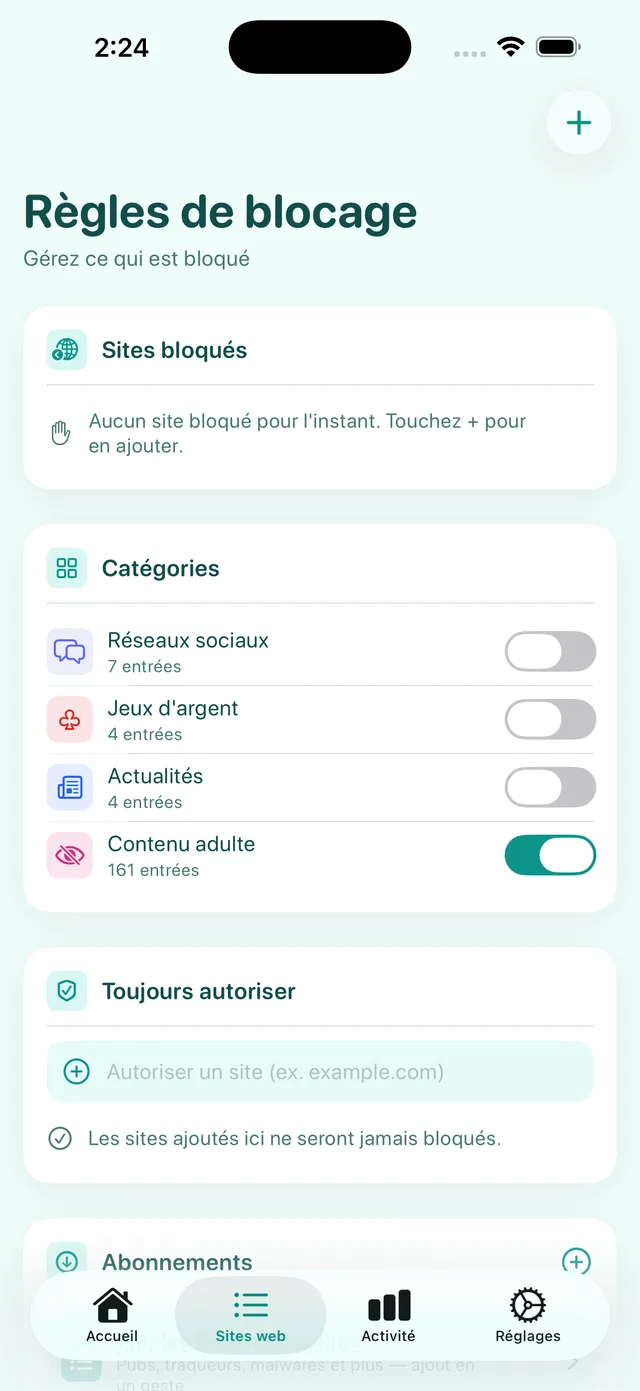 Écran Règles de blocage : les catégories, avec Contenu adulte activé, et la liste Toujours autoriser