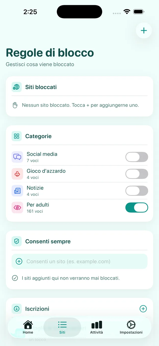 Schermata Regole di blocco: le categorie, con Per adulti attiva, e l’elenco Consenti sempre