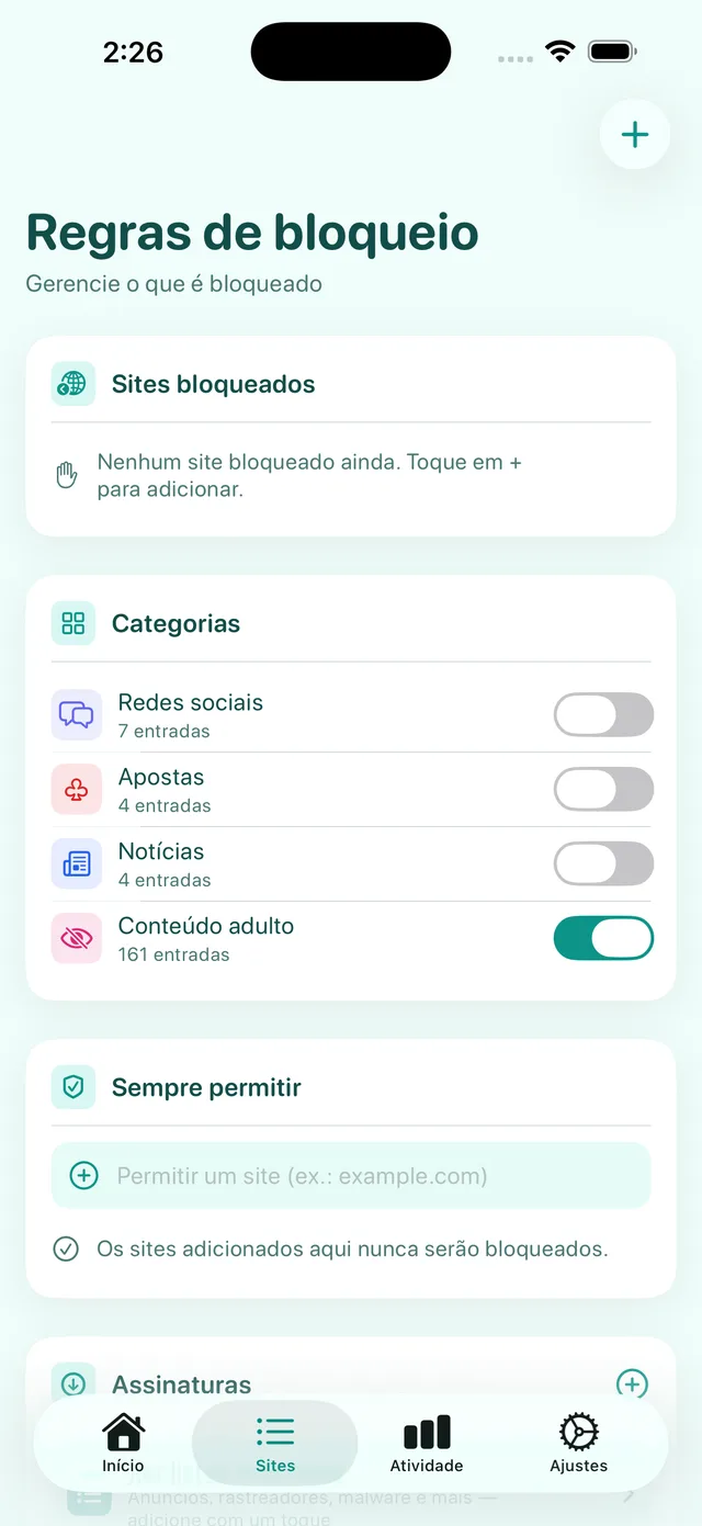 Tela Regras de bloqueio: as categorias, com Conteúdo adulto ativado, e a lista Sempre permitir