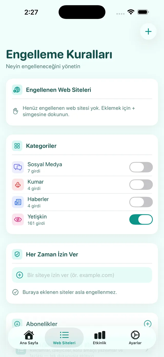 Engelleme Kuralları ekranı: kategoriler (Yetişkin açık) ve Her Zaman İzin Ver listesi