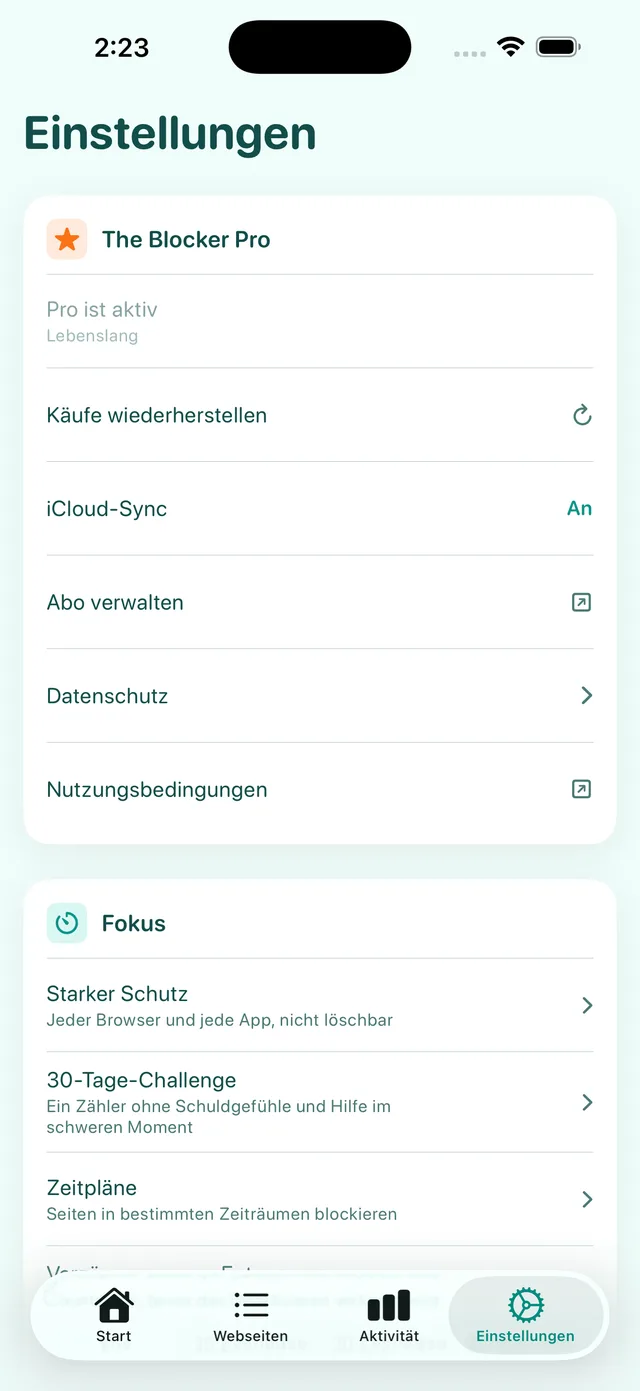 Einstellungen: The Blocker Pro, iCloud-Sync, Starker Schutz, die 30-Tage-Challenge und Zeitpläne