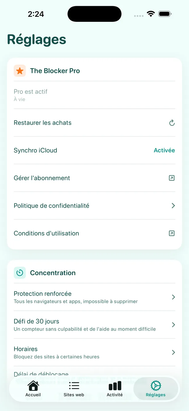 Écran Réglages : The Blocker Pro, synchro iCloud, protection renforcée, le défi de 30 jours et les plannings