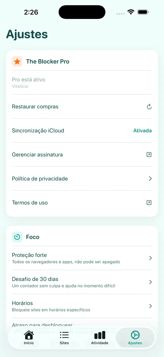 Tela de Ajustes: The Blocker Pro, sincronização iCloud, Proteção forte, o desafio de 30 dias e os horários