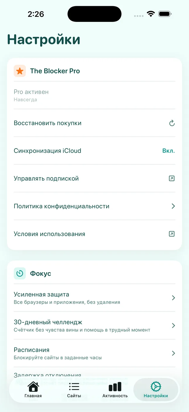 Экран «Настройки»: The Blocker Pro, синхронизация iCloud, «Усиленная защита», 30-дневный челлендж и расписания