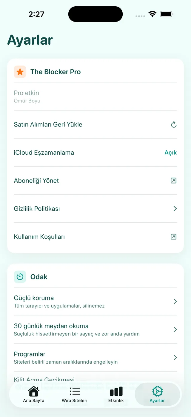 Ayarlar ekranı: The Blocker Pro, iCloud eşzamanlama, Güçlü koruma, 30 günlük meydan okuma ve programlar