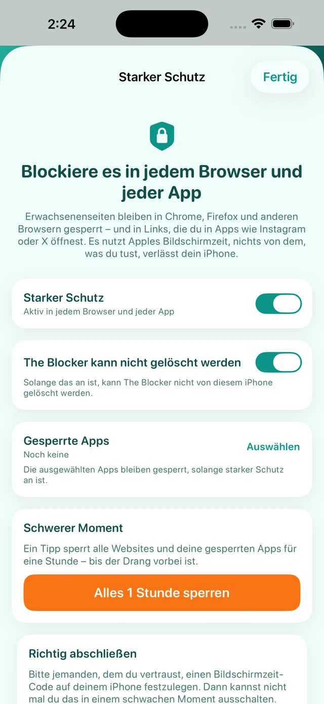 Bildschirm „Starker Schutz“: an, mit „The Blocker kann nicht gelöscht werden“, „Gesperrte Apps“ und „Schwerer Moment“