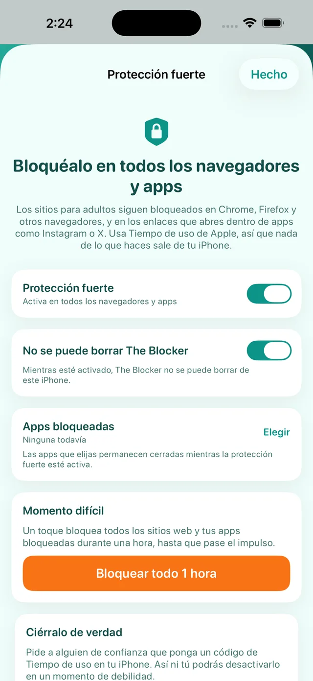 Pantalla de Protección fuerte: activada, con No se puede borrar The Blocker, Apps bloqueadas y Momento difícil