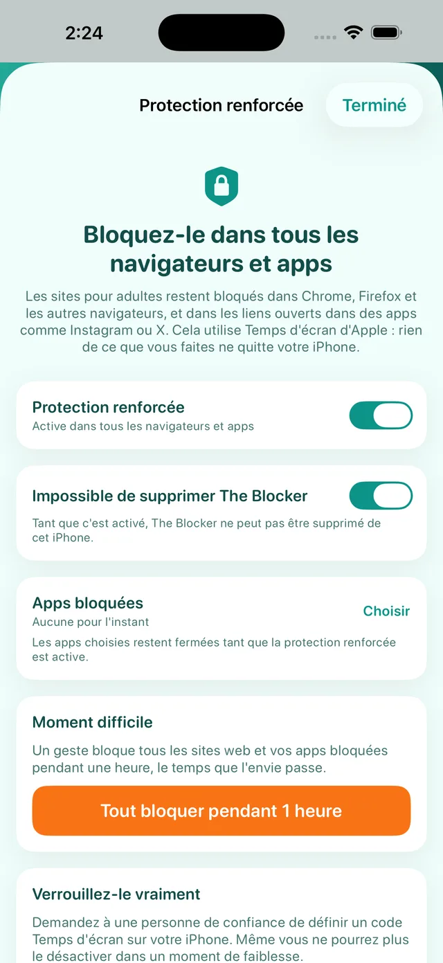 Écran Protection renforcée : activée, avec Impossible de supprimer The Blocker, Apps bloquées et Moment difficile