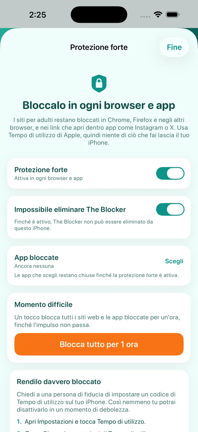 Schermata Protezione forte: attiva, con Impossibile eliminare The Blocker, App bloccate e Momento difficile