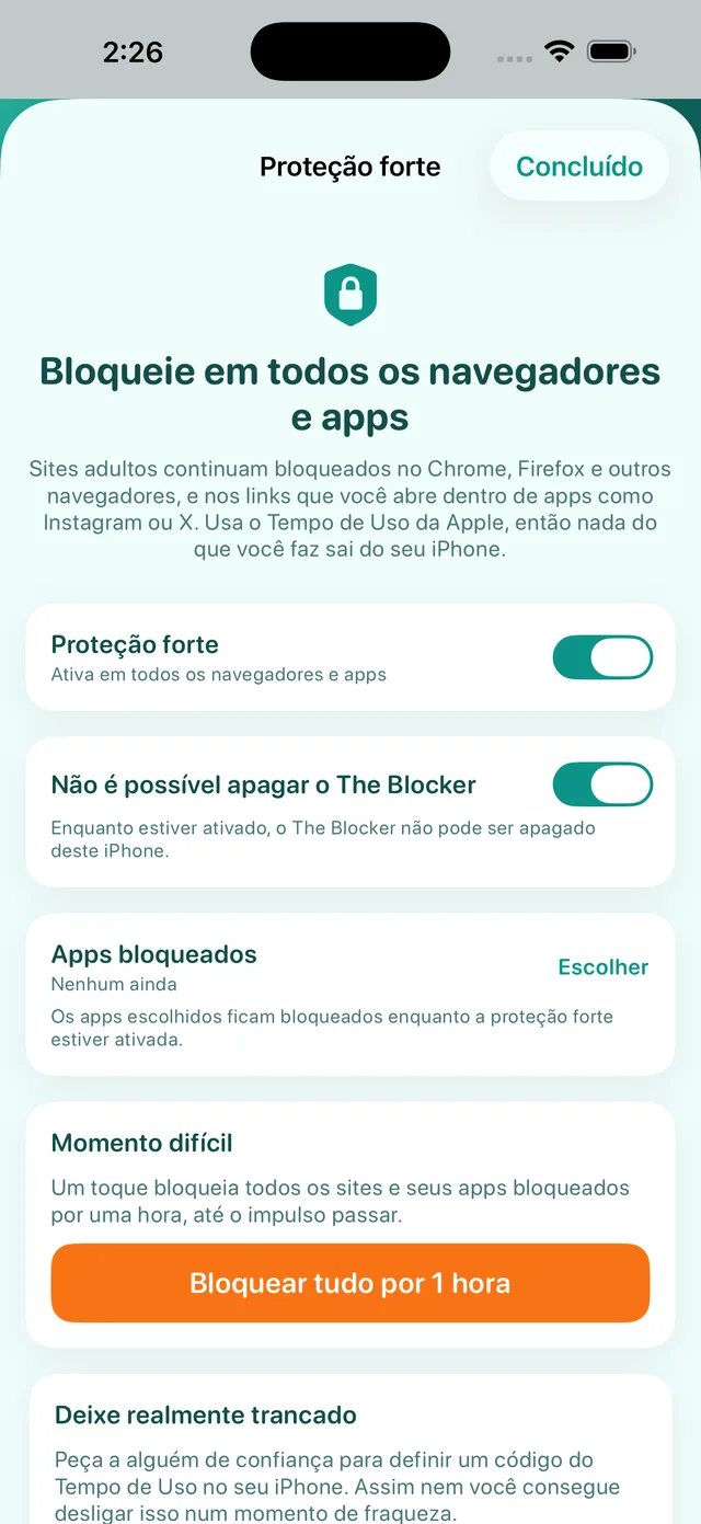 Tela da Proteção forte: ativada, com Não é possível apagar o The Blocker, Apps bloqueados e Momento difícil