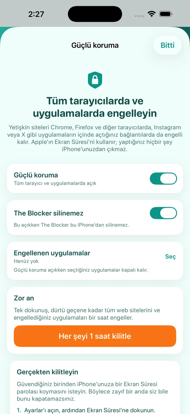 Güçlü koruma ekranı: açık; The Blocker silinemez, Engellenen uygulamalar ve Zor an seçenekleriyle